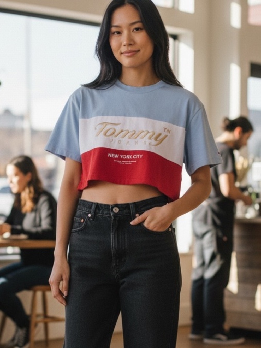 Tommy Jeans Cropped T Shirt Colorblock Logo NYC Embroidered Y2K 90s Streetwear M